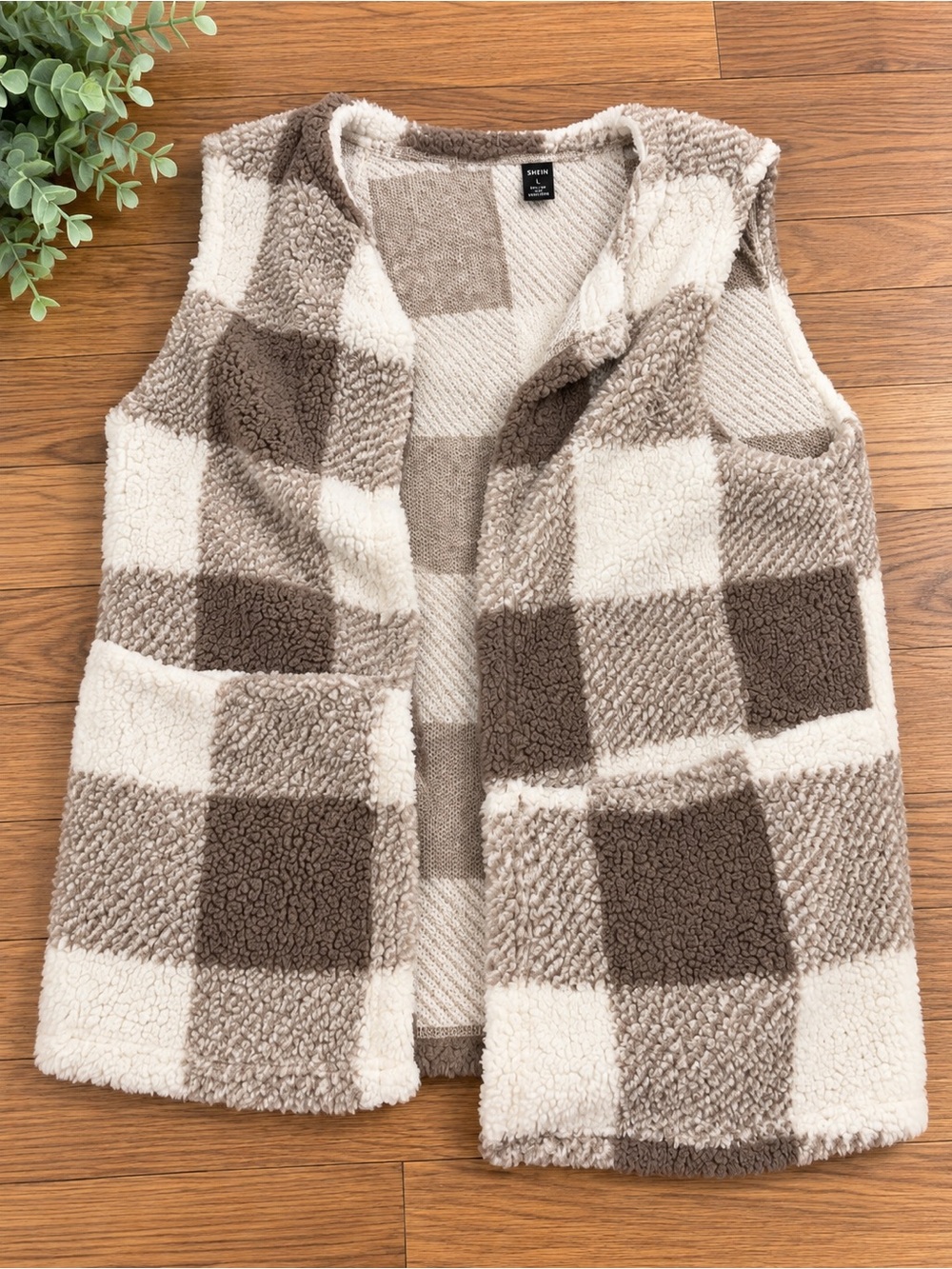 SHEIN Cream and Brown Plaid Sherpa Vest